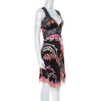 Roberto Cavalli 2000s Black And Multicolor Floral  Orchid Print Dress With Lace