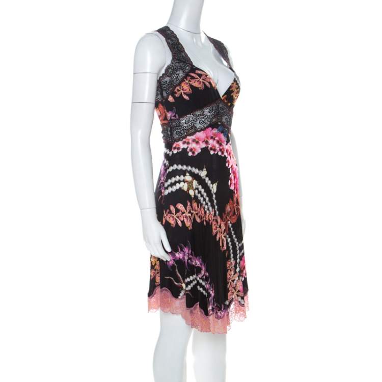 Roberto Cavalli 2000s Black And Multicolor Floral  Orchid Print Dress With Lace