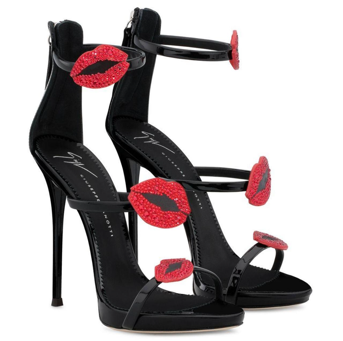 Giuseppe Zanotti Strappy Patent Leather Heels With Red Jeweled Lips