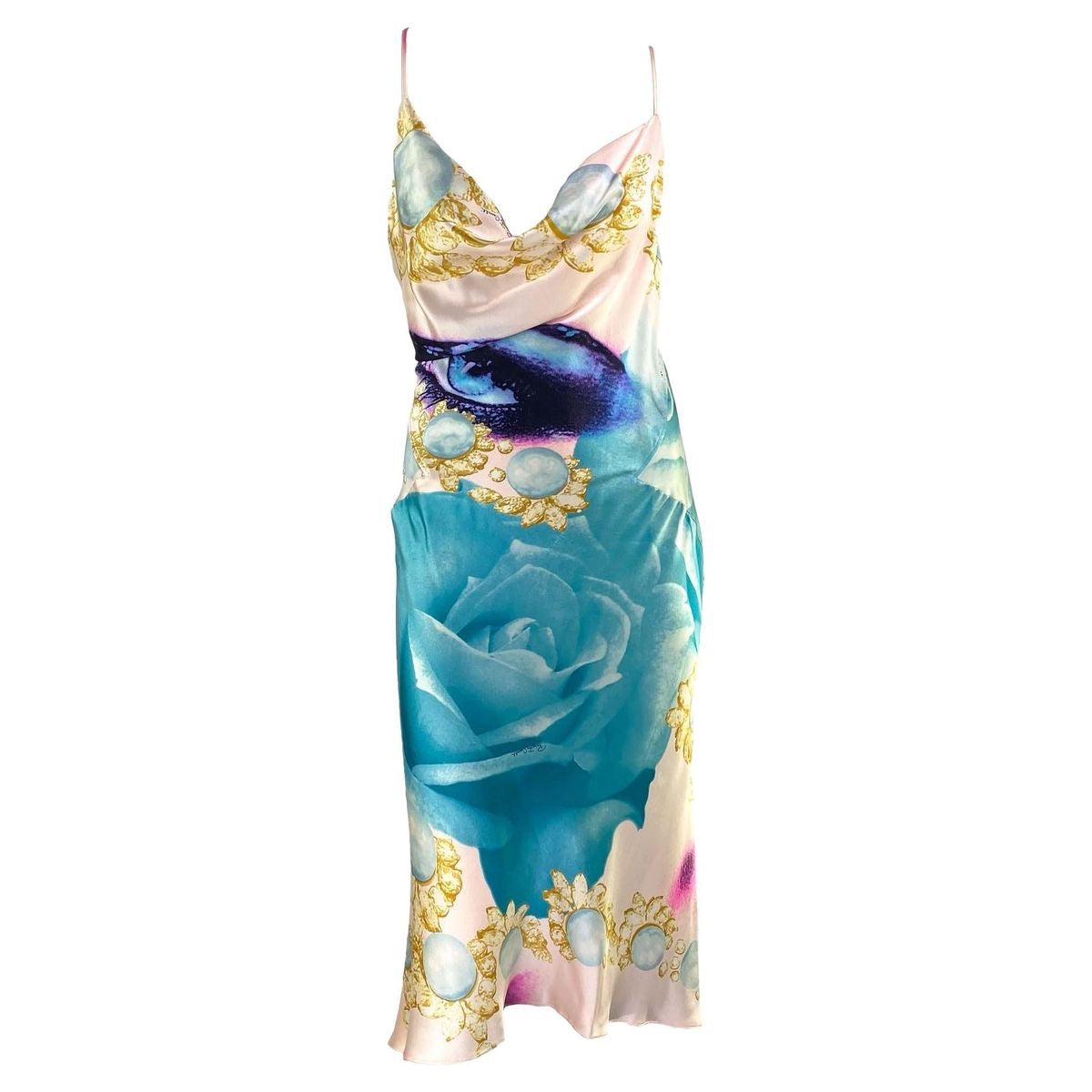 Roberto Cavalli Spring 2001 Liz Taylor Blue Eye Print Silk Dress