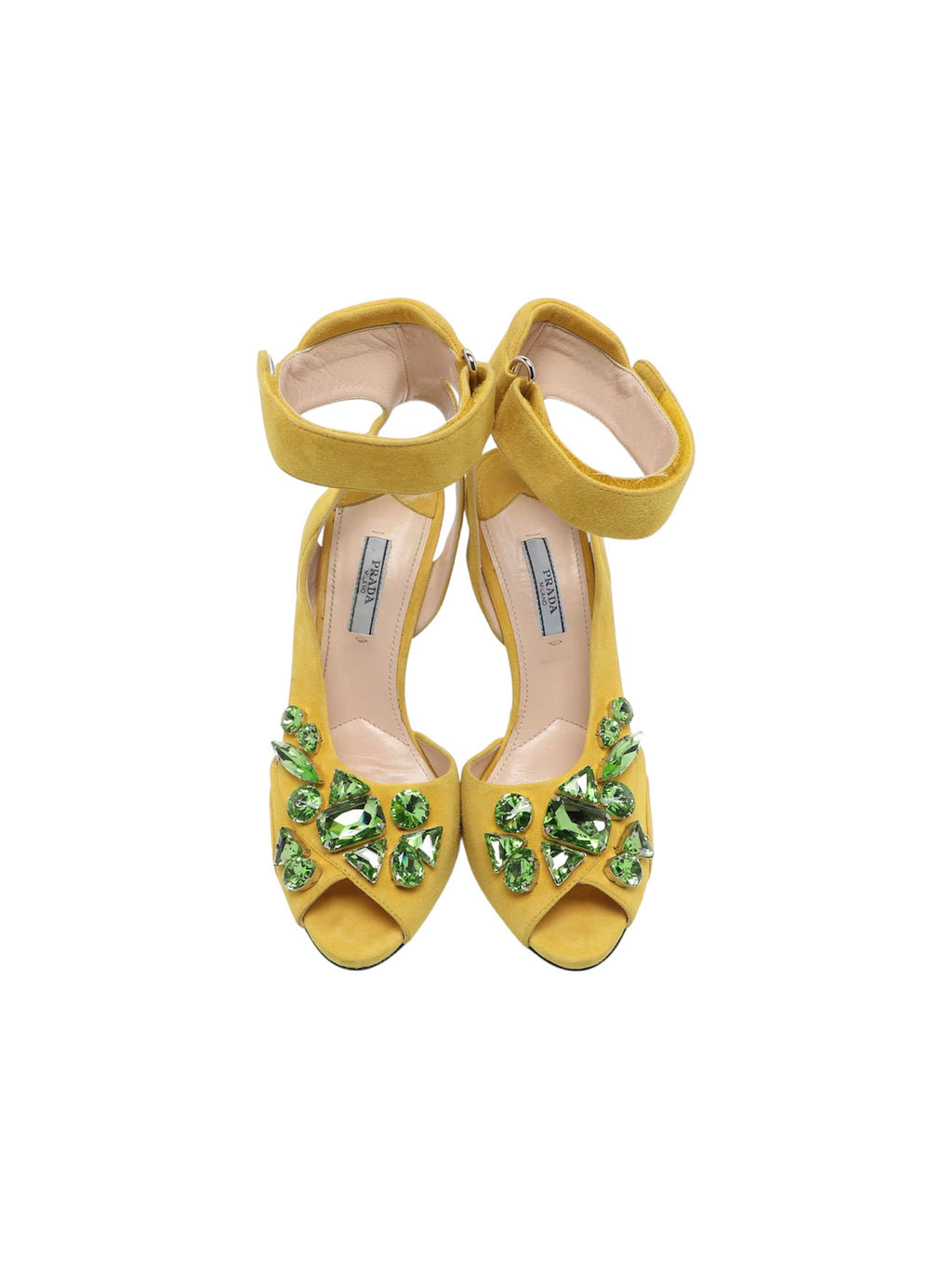 Prada Runway Spring 2014 Jeweled Suede Yellow Ankle Strap Heels