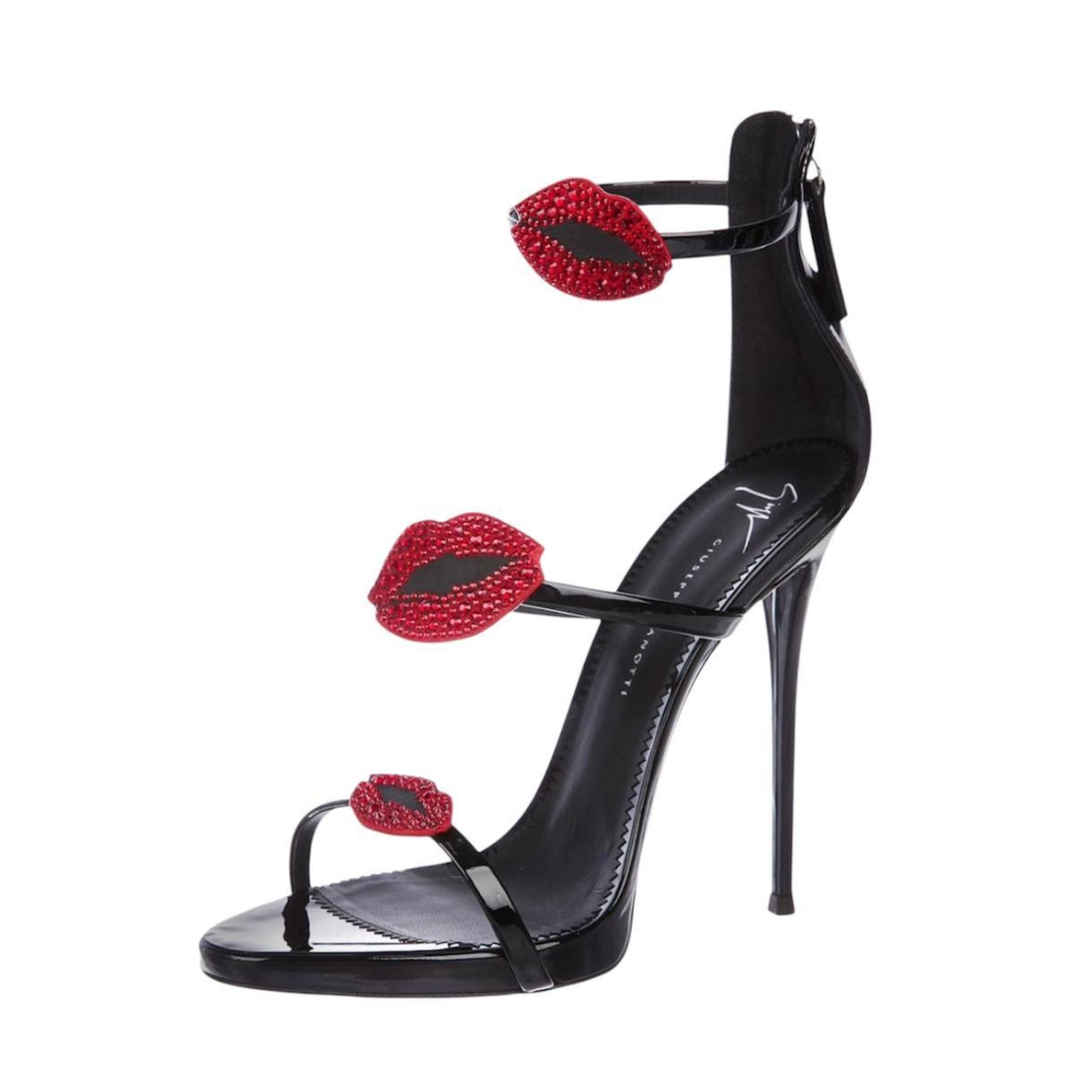 Giuseppe Zanotti Strappy Patent Leather Heels With Red Jeweled Lips