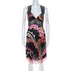 Roberto Cavalli 2000s Black And Multicolor Floral  Orchid Print Dress With Lace