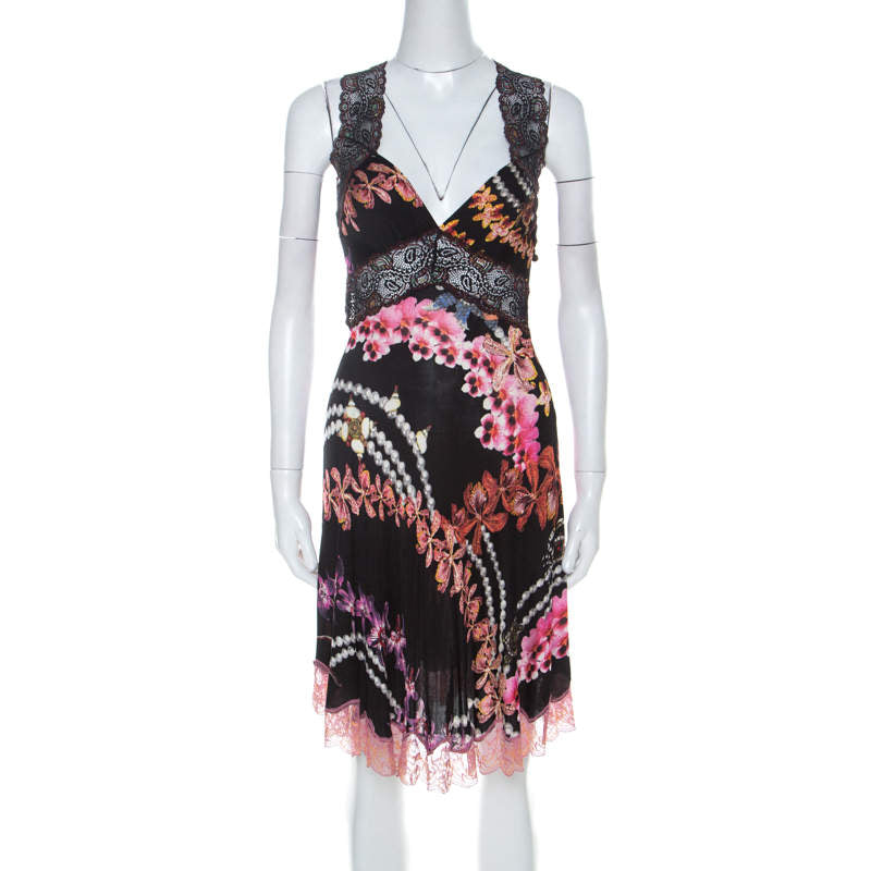 Roberto Cavalli 2000s Black And Multicolor Floral  Orchid Print Dress With Lace
