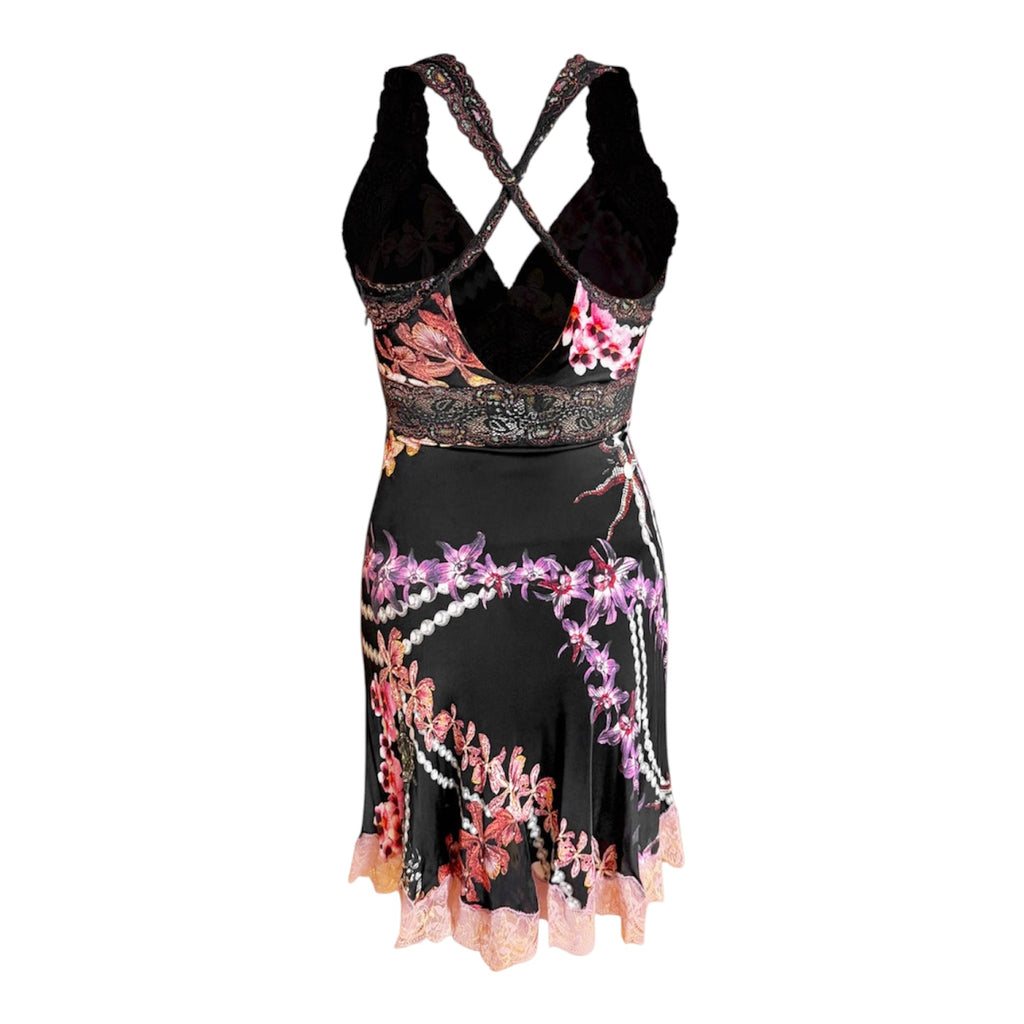 Roberto Cavalli 2000s Black And Multicolor Floral  Orchid Print Dress With Lace