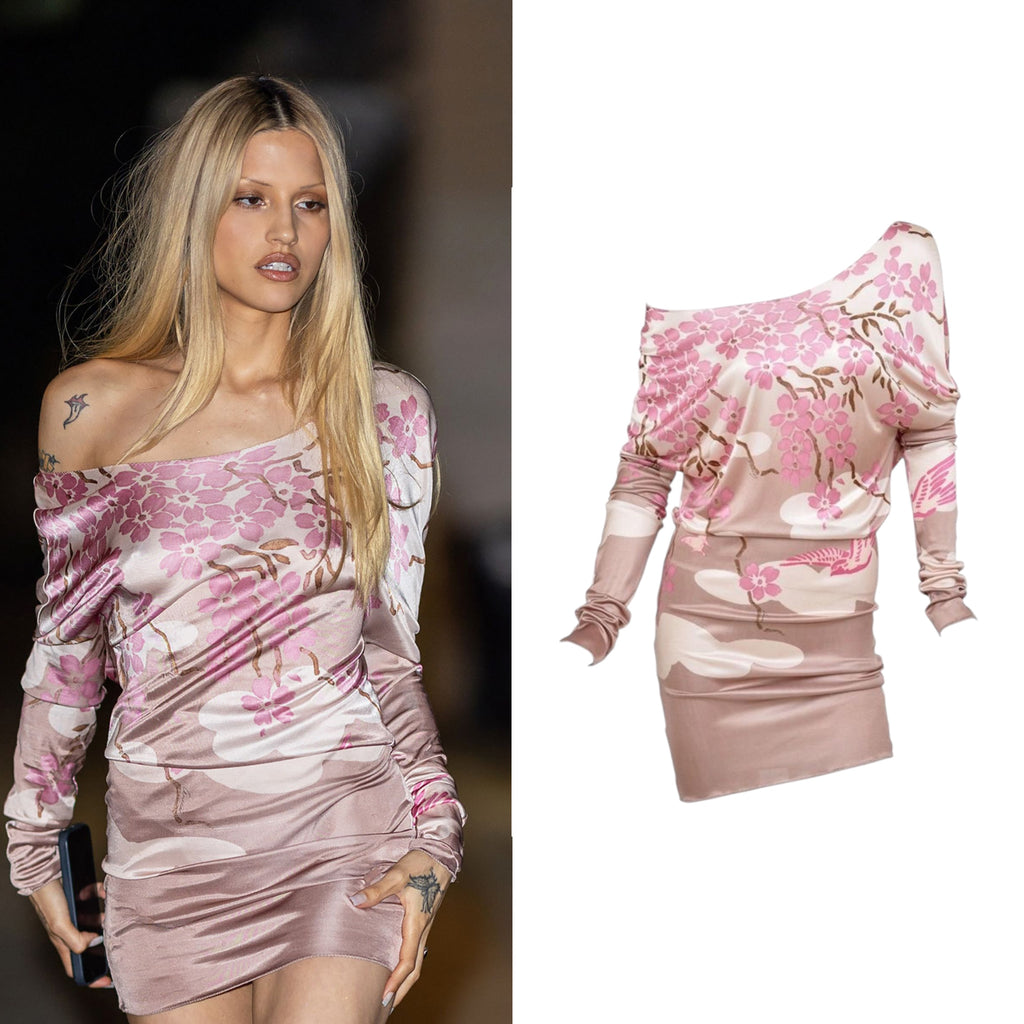 Gucci S/S 2003 By Tom Ford Runway Cherry Blossom Japanese Print Off The Shoulder Dress
