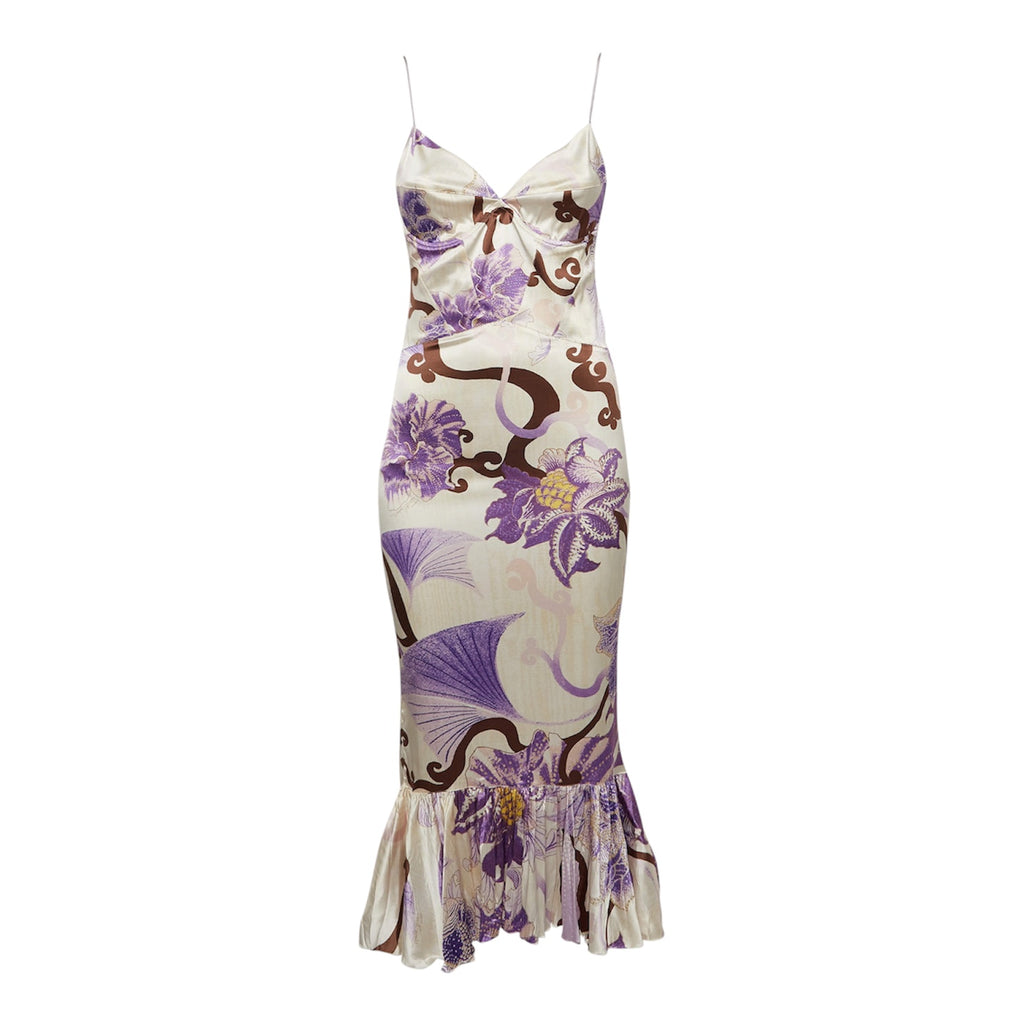 Roberto Cavalli Just Cavalli White Floral Print Silk Midi Dress