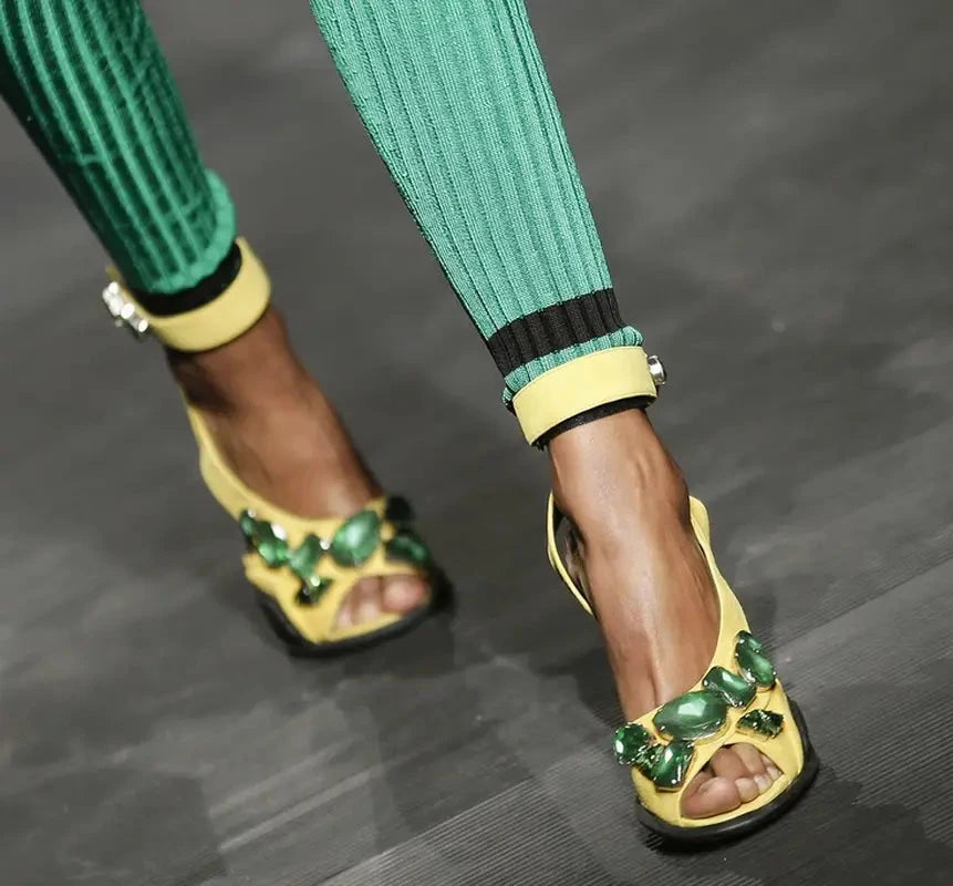 Prada Runway Spring 2014 Jeweled Suede Yellow Ankle Strap Heels