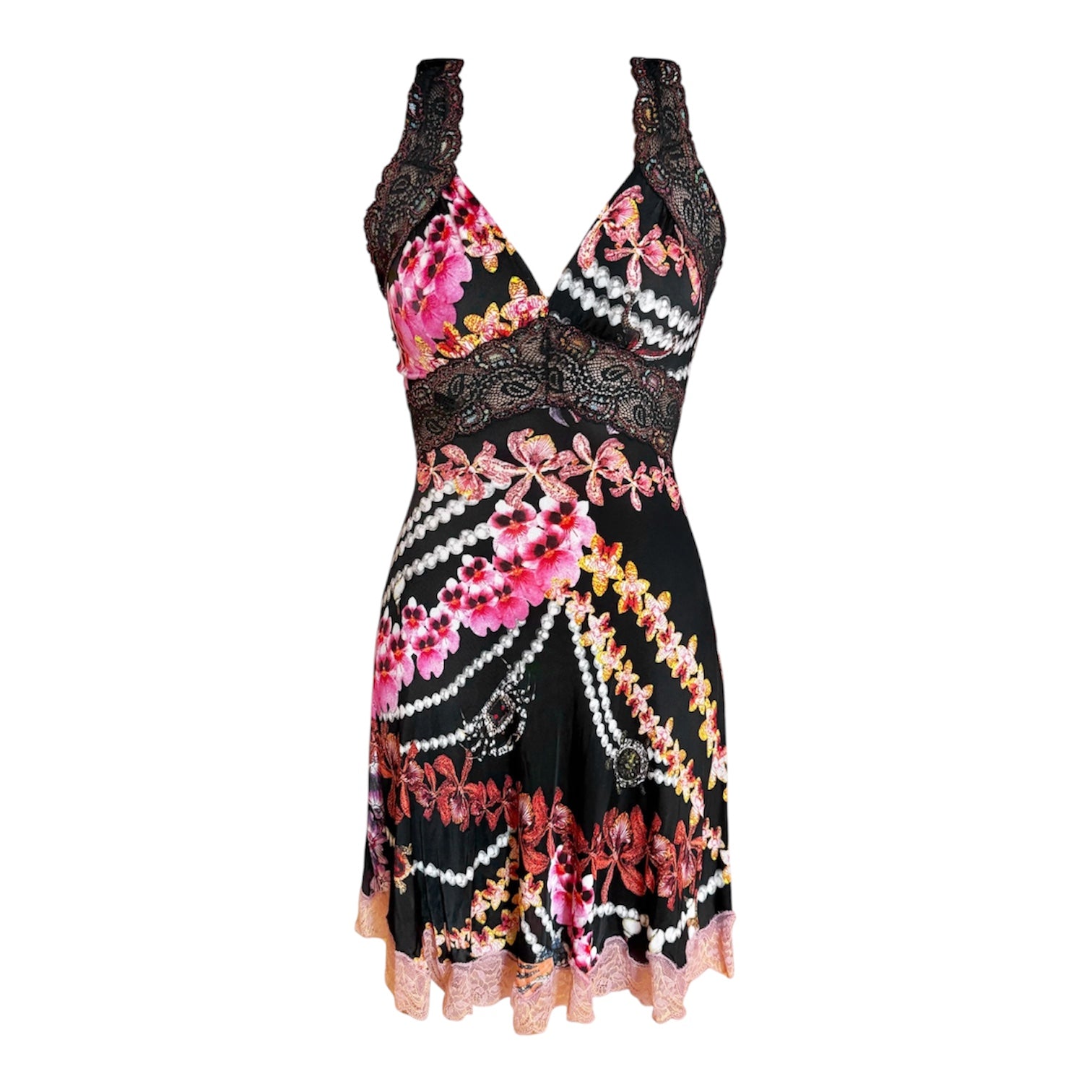 Roberto Cavalli 2000s Black And Multicolor Floral  Orchid Print Dress With Lace