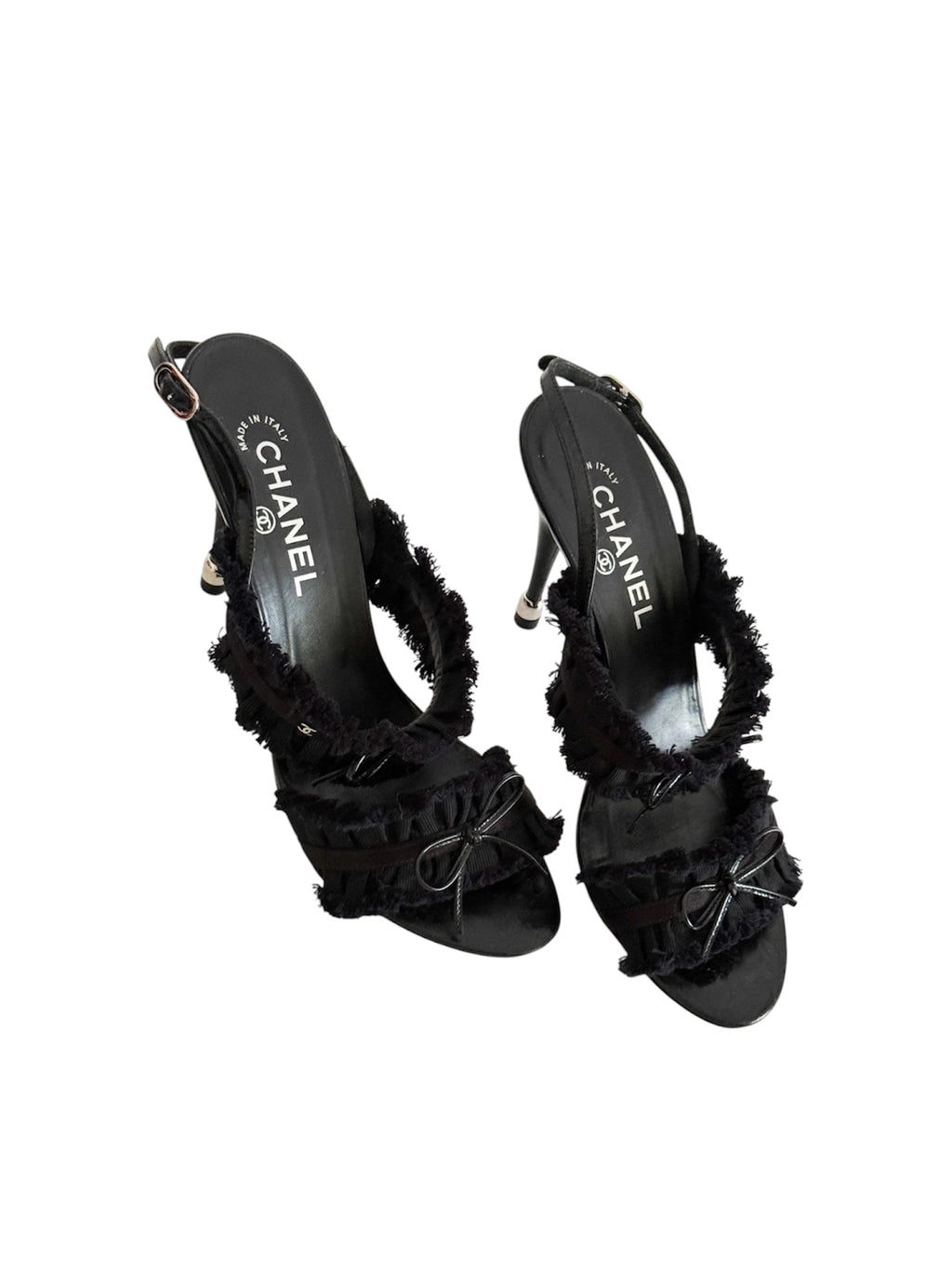 Chanel Spring 2012 Karl Lagarfeld "CC" Black Ruffled Bow Sandal Heels
