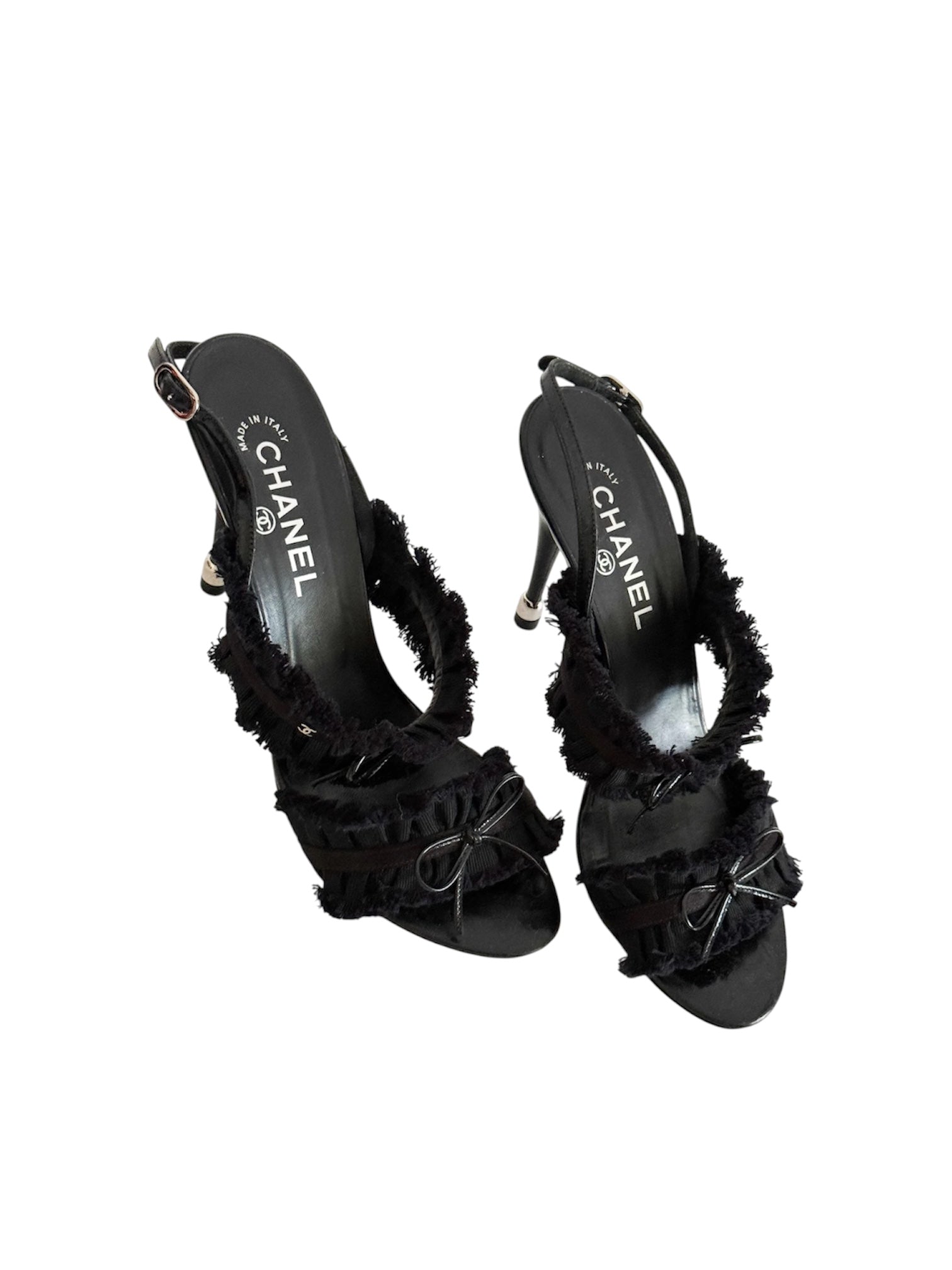 Chanel Spring 2012 Karl Lagarfeld "CC" Black Ruffled Bow Sandal Heels
