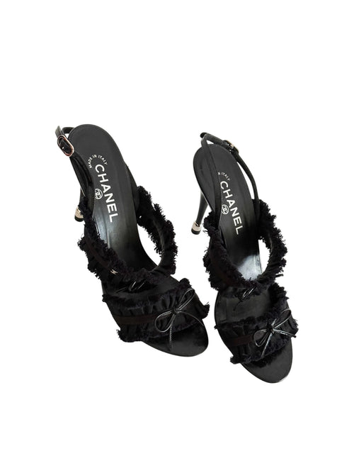 Chanel Spring 2012 Karl Lagarfeld "CC" Black Ruffled Bow Sandal Heels