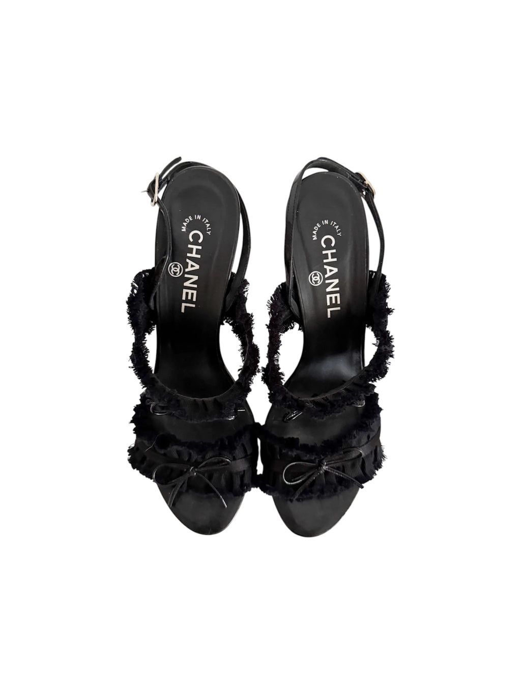 Chanel Spring 2012 Karl Lagarfeld "CC" Black Ruffled Bow Sandal Heels