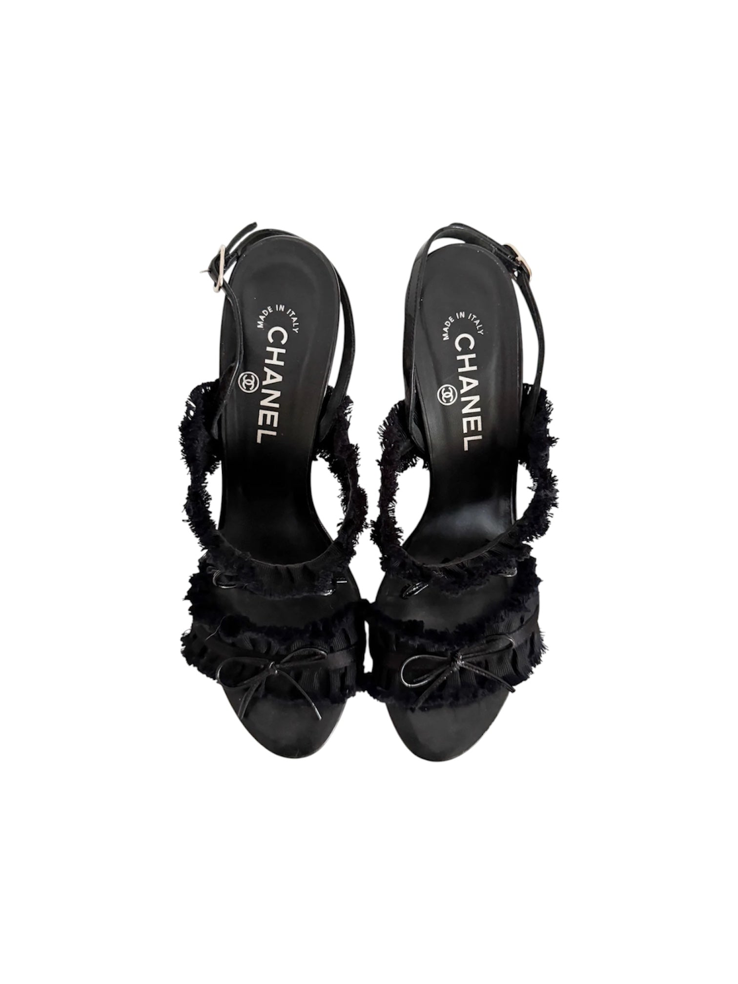 Chanel Spring 2012 Karl Lagarfeld "CC" Black Ruffled Bow Sandal Heels