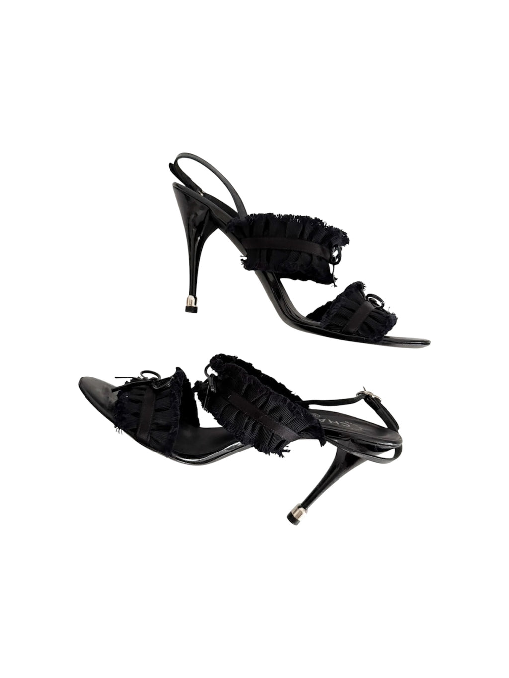 Chanel Spring 2012 Karl Lagarfeld "CC" Black Ruffled Bow Sandal Heels