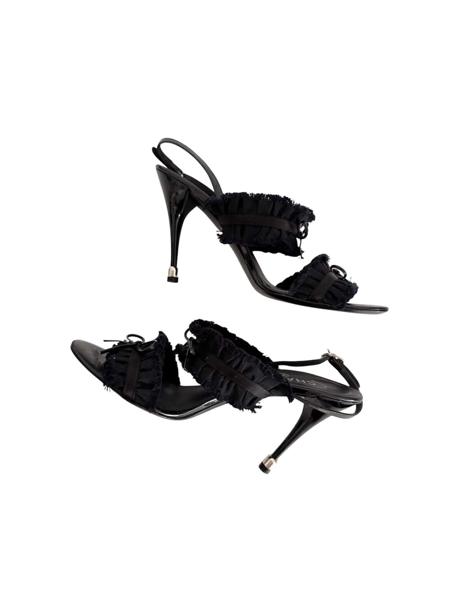 Chanel Spring 2012 Karl Lagarfeld "CC" Black Ruffled Bow Sandal Heels